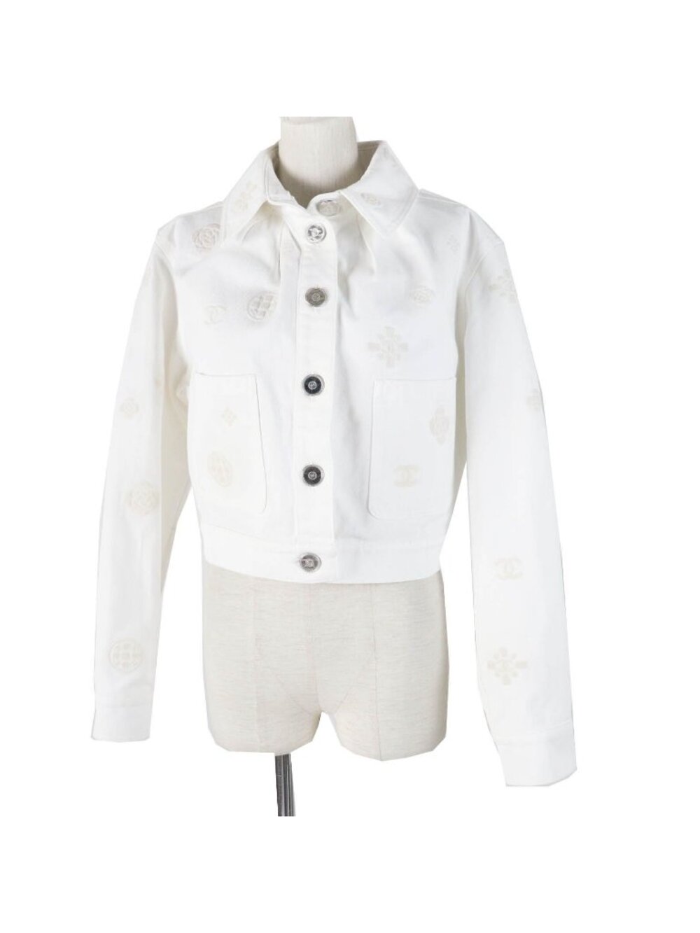 Chanel Cotton CC Logo Button Camellia Embossed Cropped Length Denim Jacket